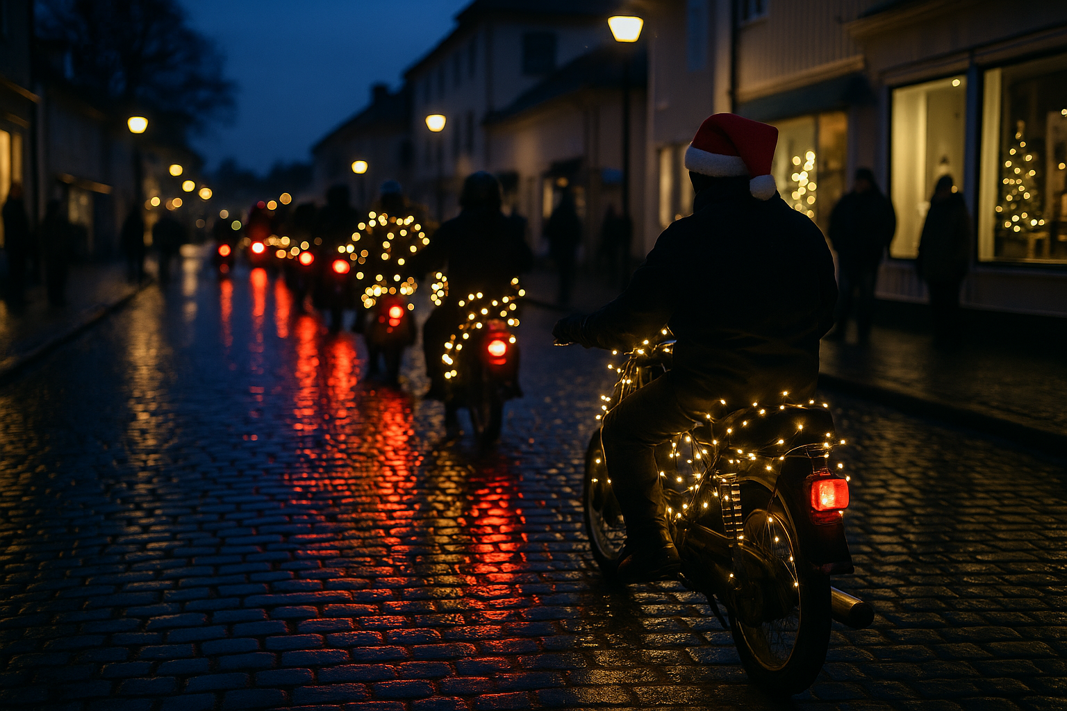 Julpyntad mopedkortege fyller Askersund när vintercentrum annars glesnar