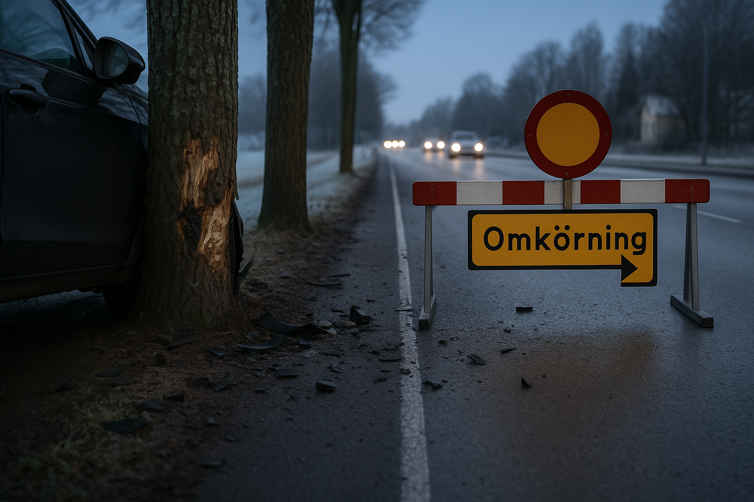 Bil kör in i träd på väg 815 – avstängning stoppar morgontrafik vid Fellingsbro