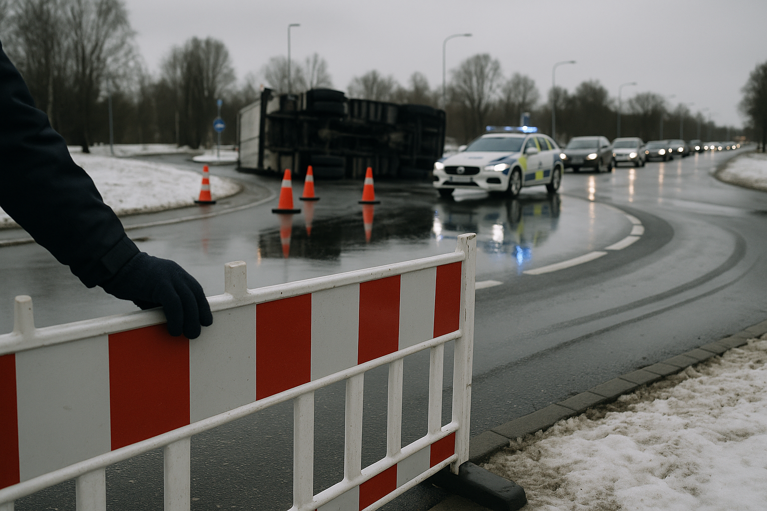 Vält lastbil stänger rondell i Örebro